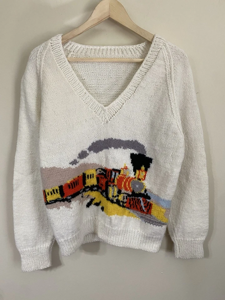 Único Suéter Vintage Tejido a Mano Locomotora de Vapor Tren Cuello en V Unisex M Foto 1 de 4