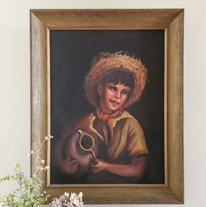 Vintage Ölgemälde auf Leinwand - großes Gemälde Junge mit Strohhut und Kanne (signiert) - Bild 1 von 12