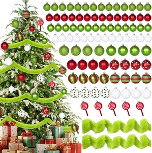 94Pcs Red Green Christmas Ball Ornaments Set with Faux Fur Ribbon, Glittering Sw - Picture 1 of 12