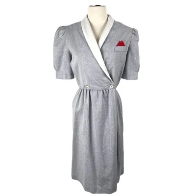 VTG 1980s Betsy's Things SemiWrap Dress Small Gray w/ White Trim Puffy Shoulders - Image 1 of 4