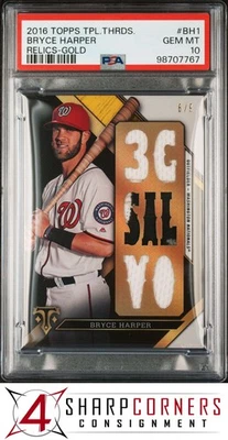 2016 TOPPS TRIPLE THREADS RELICS GOLD #BH1 BRYCE HARPER #/9 POP 1 PSA 10 - Image 1 of 4