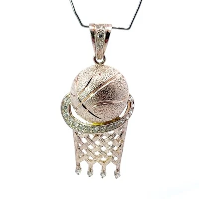 Sterling Silver .925 Cubic Zirconia Large Basketball & Net Pendant - Imagem 1 de 4