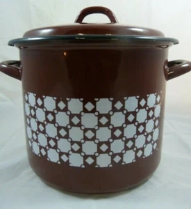 Pentola e coperchio vintage marrone bianco modello blocco smalto fondo di magazzino retrò - Foto 1 di 6