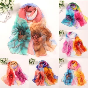 Georgette Thin Scarves Floral Print Long Scarf Big Flower Chiffon Scarf Fashion - Picture 1 of 26