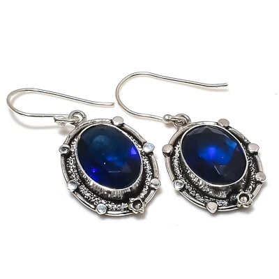 Blue Sapphire Lab-Created Gemstone Handmade 925 Sterling Silver Jewelry Earring - Image 1 of 4