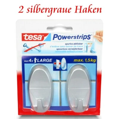 tesa Powerstrips® Haken -1 Pack = 2 Klebehaken - Kleben o. Bohren - silbergrau   - Bild 1 von 4