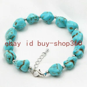 10-14mm Natural Blue Irregular Turquoise Gemstone Beads Bracelet 7.5'' - Picture 1 of 12