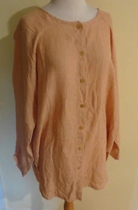 FLAX LGT WGT LINEN RAGLAND SLEEVE 34" LONG TUNIC RUCHED SLEEVE CUFF SHIRT EUC S - Picture 1 of 3