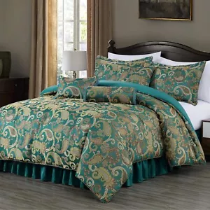 7-teiliges türkisfarbenes Paisley Bettwäsche Ensemble gewebter Jacquard Bettdecken-Set - Bild 1 von 13