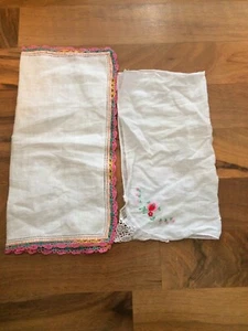 Vintage White Hankies Pink Crocheted Lace Edge Trim & Pink Flowers on the Other - Picture 1 of 3