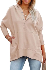 Women's Oversized Batwing Sleeve Pocketed Henley Hoodie Sweatshirt Pink XL - Picture 1 of 14