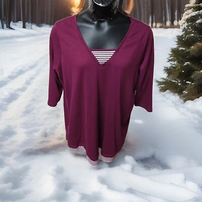 Túnica Woman Within Larga Slv Vino Granate Cuello en V Talla 1X Acento a Rayas Foto 1 de 4