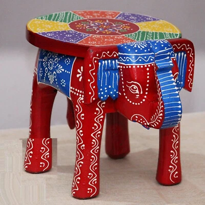 Indian Handmade Wooden Elephant Shape RED Multi Decor Side Table Statue Table - Image 1 of 4