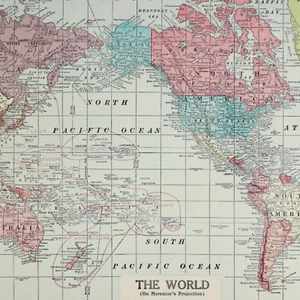 WORLD MAP Mercator Large Antique FULL COLOR 1928 21"x14" Arctic woOceans Pacific - Picture 1 of 2