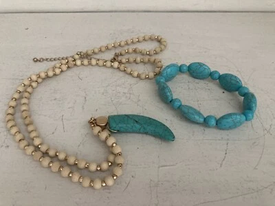 Turquoise Horn Necklace White Wood Beads And Oval & Round Bead Stretch Bracelet - Image 1 of 4