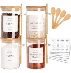 Glass Jar with Bamboo Lid and Spoon - 4 Pcs 17 oz Sugar Container with 132 Food - Picture 1 of 13