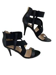 Nine West Black Stretchy Straps 4" Stiletto Ankle Zip Heels Woman’s Size 9.5 - Picture 1 of 12
