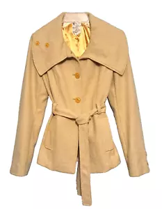 Tulle Jacket Womens L Beige Button Up Tie Belt Pockets Sailor Collar Classic - Picture 1 of 12