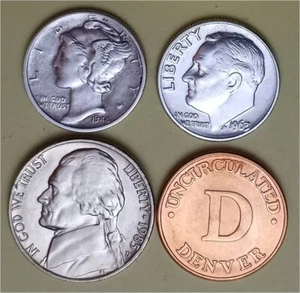 1 Mercury & 1 90% Silver Roosevelt Dime (1944P & 1963D) & 2 Unc Mint Coins - Picture 1 of 2