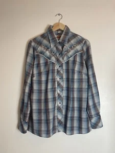 Miller Western Wear Vintage White Blue Embroidered Check Shirt - Sz 12 (18/40) - Picture 1 of 9
