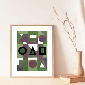 Original Geometric Painting, Squid Game Art, Abstract Wall Art Decor, Green Grey - Picture 1 of 19