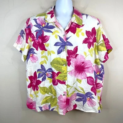 Camisa de acampamento vintage floral feminina XLarge mistura de linho férias cruzeiro viagem - Imagem 1 de 4