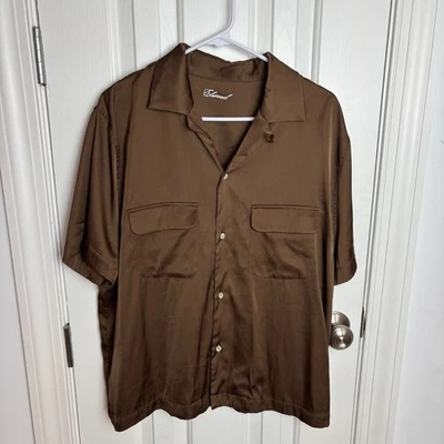 Elwood Short Sleeve Satin Button-Up Bowling Shirt in Tobacco Brown - Size M - Image 1 of 4