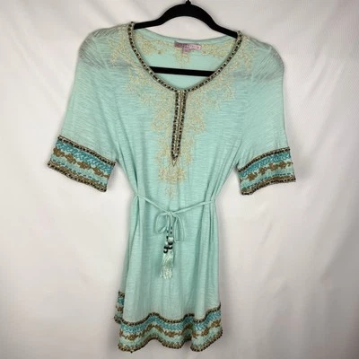 Calypso St Barth Dress Cover Up S Teal Tunic Boho Peasant Embroidered Beaded - Image 1 of 4