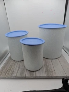Vintage 3 Piece Tupperware One Touch Blue Lids Speckled Canisters Storage A,B,D - Picture 1 of 16
