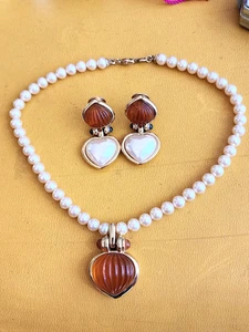 Ultima Edizione Vintage Pearl And Faux Carnelian Necklace & Earring Set - Picture 1 of 7