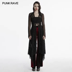 Punk Rave Women Black Gothic Irregular Hem Lace Cardigan Transparent Long Poncho - Picture 1 of 19