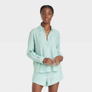 Universal Thread Top Womens Medium Linen Green Stripe Button Down Long Sleeve - Picture 1 of 11