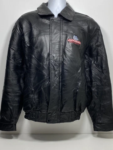Vtg Gonzaga Bulldogs Black Patchwork Leather Bomber Jacket Men’s Size L Zip Down Cover