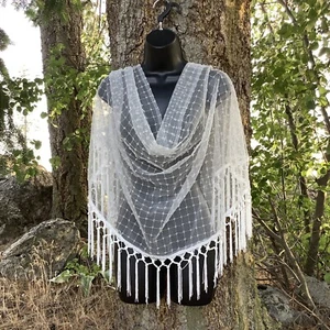 White Beaded Fringed Shawl For Bride Victorian Look Beaded Mesh Fabric Handmade - Picture 1 of 18