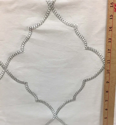 Fabric White Cotton / Linen w/ Silver Diamond Lattice Design Embroidered 32"  - Image 1 of 3