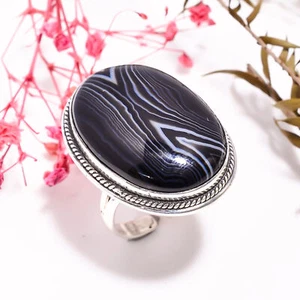 Black Botswana Agate Vintage Handmade 925 Sterling Silver Ring Adjust. KT-5268 - Picture 1 of 6