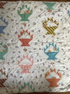 Vintage Quilt Made From Vintage Sheets & Fabrics-Summer Weight, Hand Quilted - Picture 1 of 12