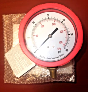 APPROVED VENDOR Industrial Pressure Gauge: Red, 0-60 psi, 4 in Dial, 1/4 in NPT - Picture 1 of 4