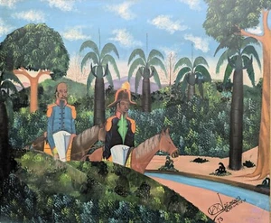ANTIQUE VINTAGE HAITIAN ART Oil PAINTING BY JEAN CLAUDE ALMONOR HENRI CHRISTOPHE - Picture 1 of 6