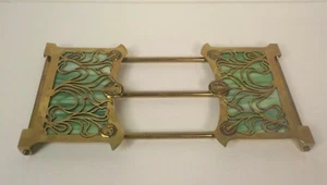 Art Nouveau Brass Expandable Book Rack, Slag Glass Panels, c. 1900 - Picture 1 of 8