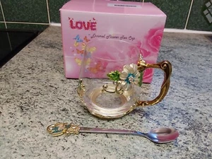 Glass Cup And Spoon With Enamel Flowers And Butterfly - Picture 1 of 12
