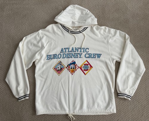 OFF WHITE RARO! Felpa con cappuccio leggera vintage 1992 "Atlantic Euro Disney Crew" (donna M)
