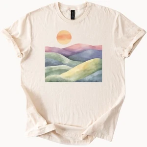 Mountain Sunset Tee Watercolor Landscape Shirt Nature Top - Picture 1 of 6