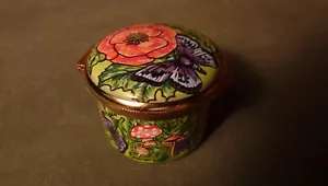 VINTAGE ENGLISH ALASTOR ENAMEL ARTIST SIGNED TRINKET BOX- POPPIES & BUTTERFLIES - Picture 1 of 8