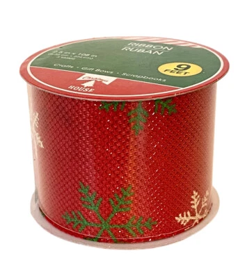 1 Roll, Christmas House Red White Green Shimmer Snowflakes Ribbon 2.5x108”/9ft - Image 1 of 2