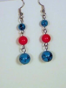 CYNTHIA LYNN "SPICY" RED CORAL BLUE GREEN TURQUOISE BEADED SILVER DROP EARRINGS - Picture 1 of 1