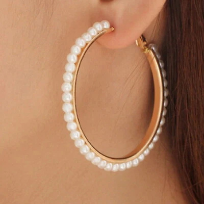 Große Modische Perlen Creolen Ohrringe Hänger Durchzieher Statement Cocktail  - Bild 1 von 2