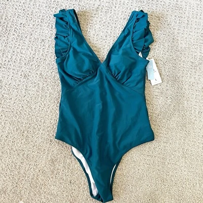 Traje de baño Cupshe de una pieza para mujer verde azulado talla L cuello en V fruncido volante hombro Foto 1 de 4