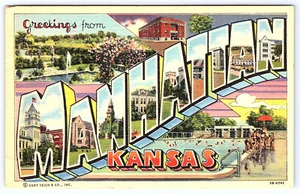 Manhattan Kansas Large Letters linen Postcard B352 - Picture 1 of 2