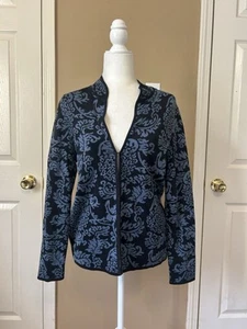 Vintage Peruvian Connection Sweater 100% Pima Cotton Blue Cardigan Print Sz M - Picture 1 of 8